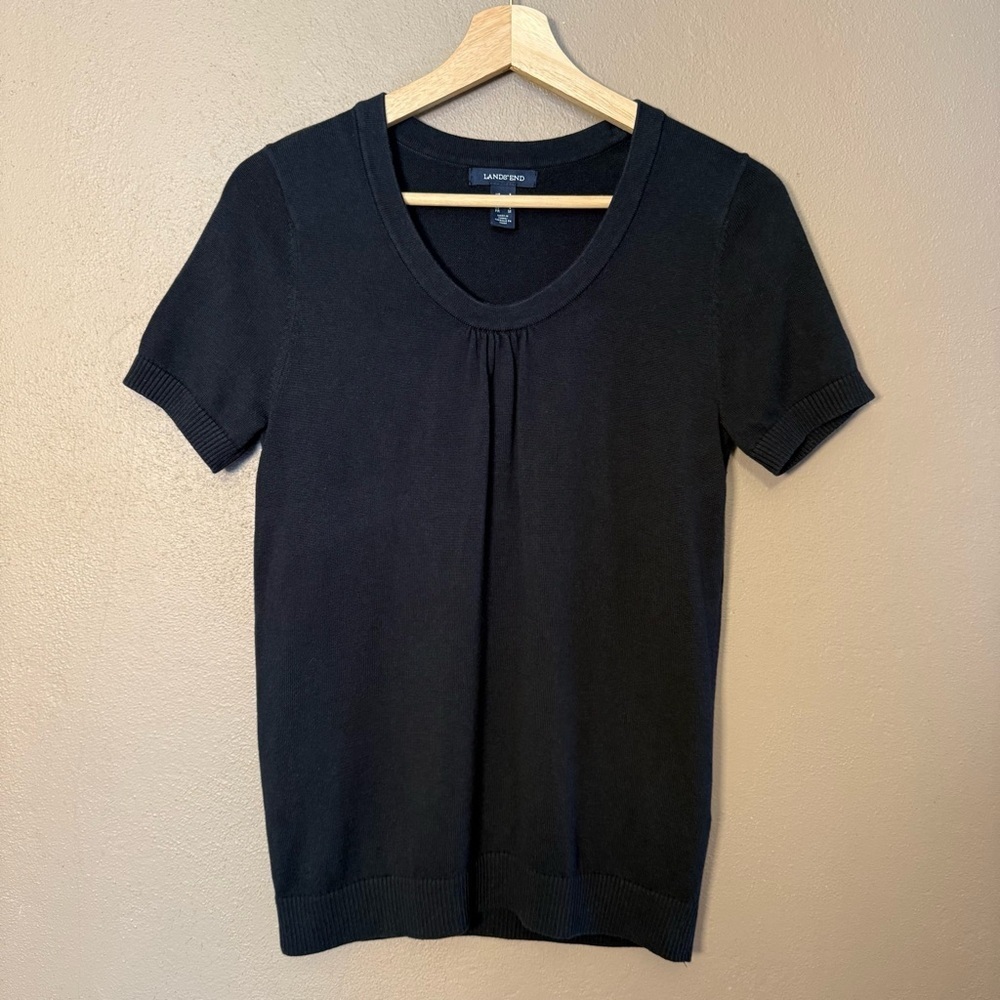 Lands' End Women's Black Pullover Short Sleeve Sweater Knit Top Size Small Boho